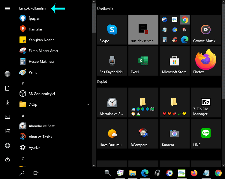 Başlat Menüsünde En Çok Kullanılan Uygulamaları Göster-Gizle