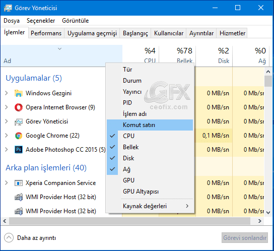 Windows 10'da Görev Yöneticisinde Komut Satırını Gösterme