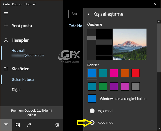 Windows 10 mail Uygulaması koyu mod 