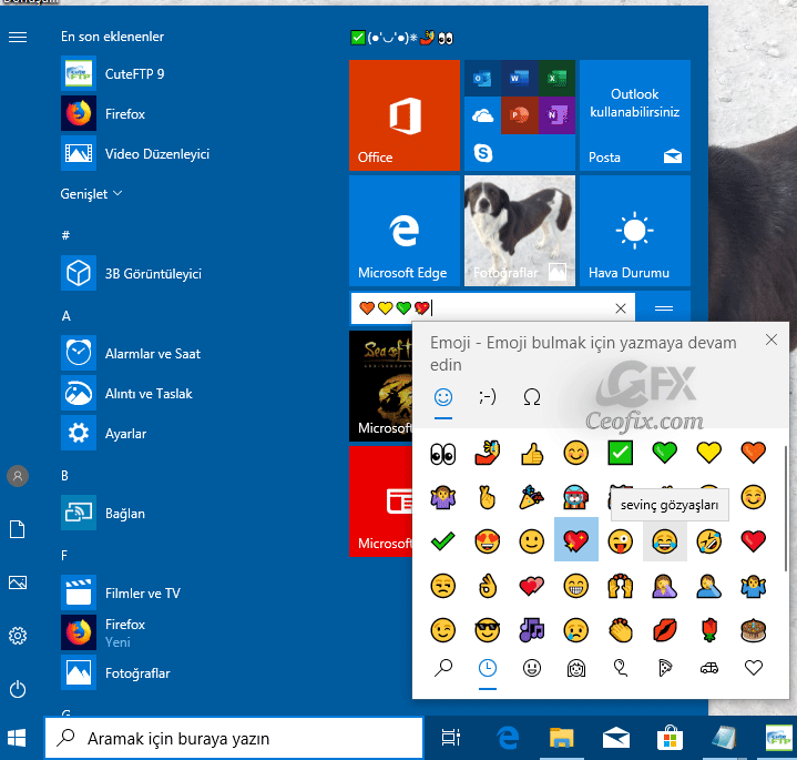 Başlat Menüsünde Emoji Kullan