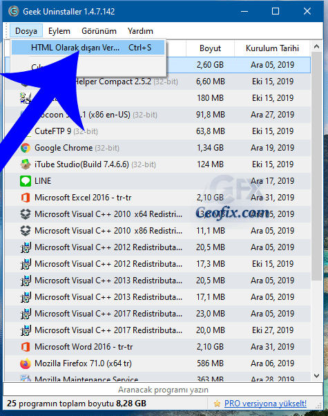 GeekUninstaller kullanarak kurulu programların listesini oluşturun