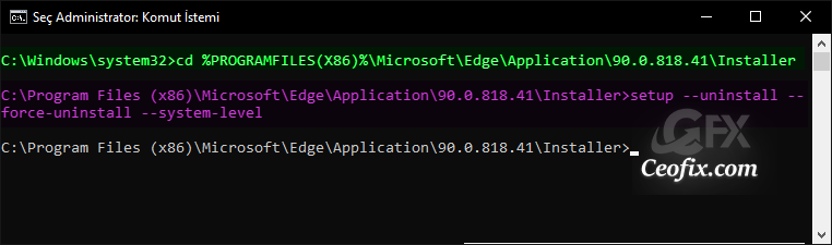 Edge komut istemi ile kaldır