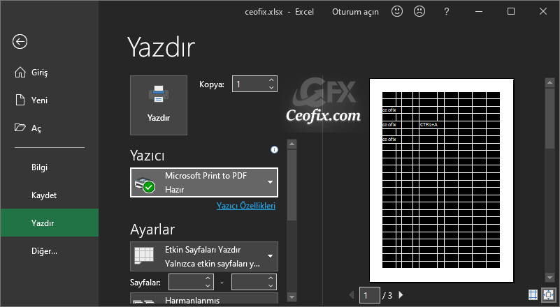 Excel siyah tema ile yazdırma