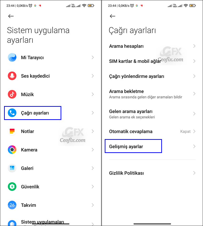 Android çağrı ayarları