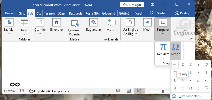 Word belgesinden sonsuzluk sembolünü kopyalayın: