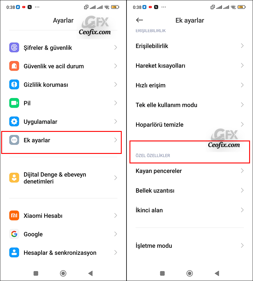 Android telefonda özel özellikler nerede?