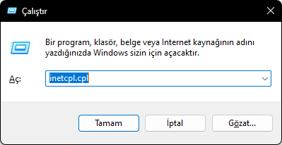 Çalıştır kutusu ile İnternet Seçenekleri